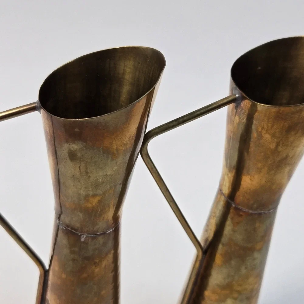 Vintage Hammered Brass Pitcher Pair Mid Century Modern Decorative Vases 7.5in